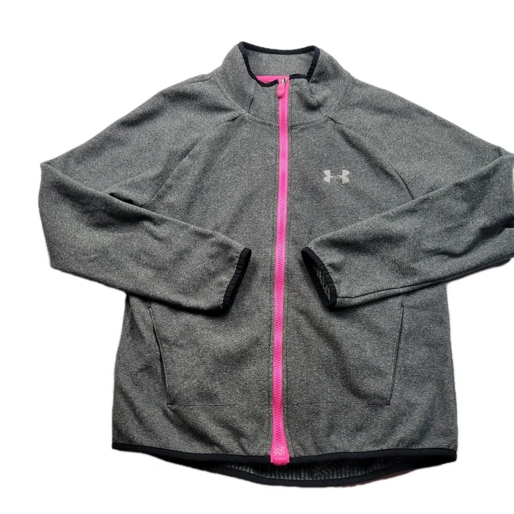 UNDER ARMOUR YLG GREY/PINK ZIP UP JACKET, W/ FRONT POCKETS,  GIRLS MINT!